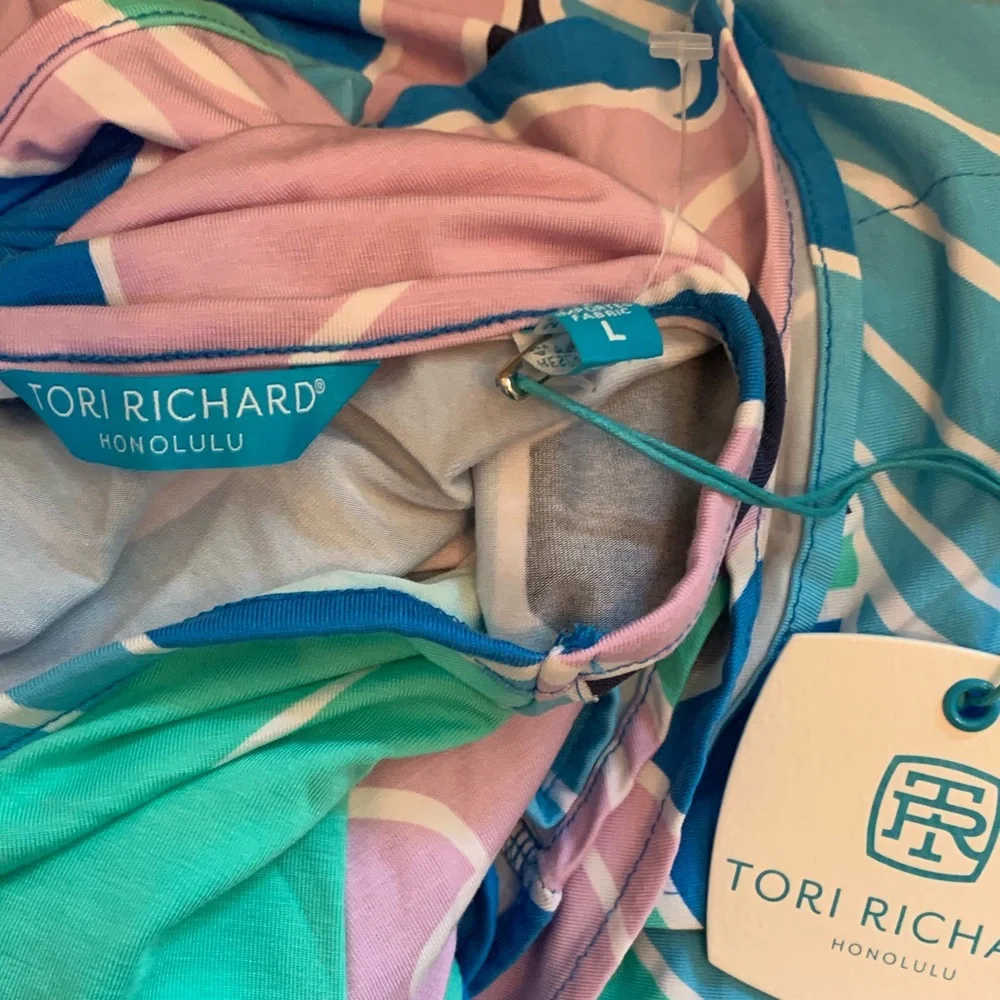 Tori Richard Dress L – Blue Teal & Lavender Print, Boat Neck Light Resort ready - Picture 4 of 4